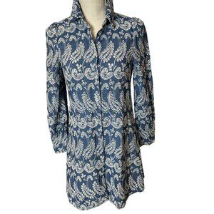 Zara Blue/White Embroidered Paisley Eyelet Button-Up Shirt Top XS
